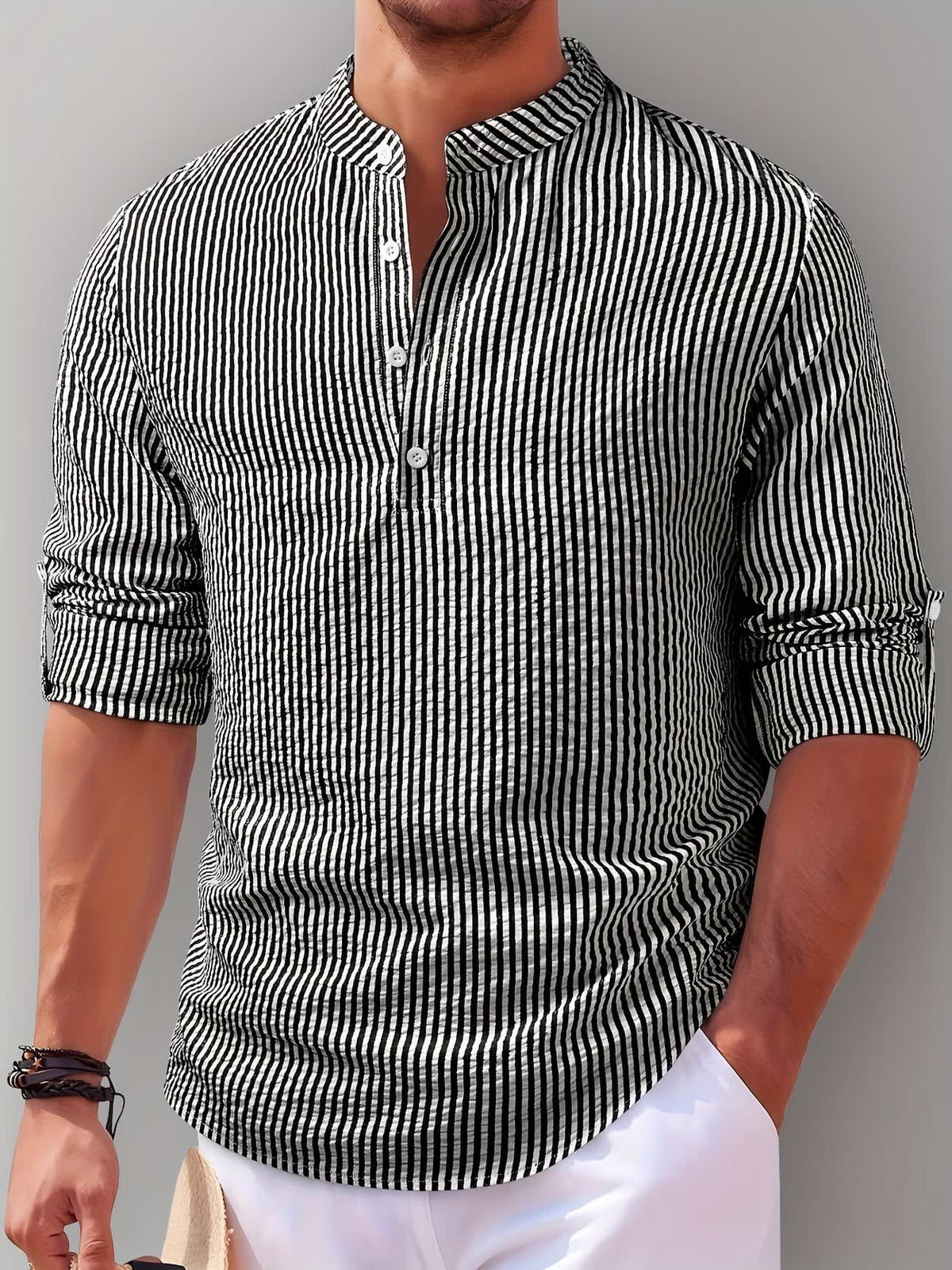 Noel Striped Band Collar Popover Shirt_3