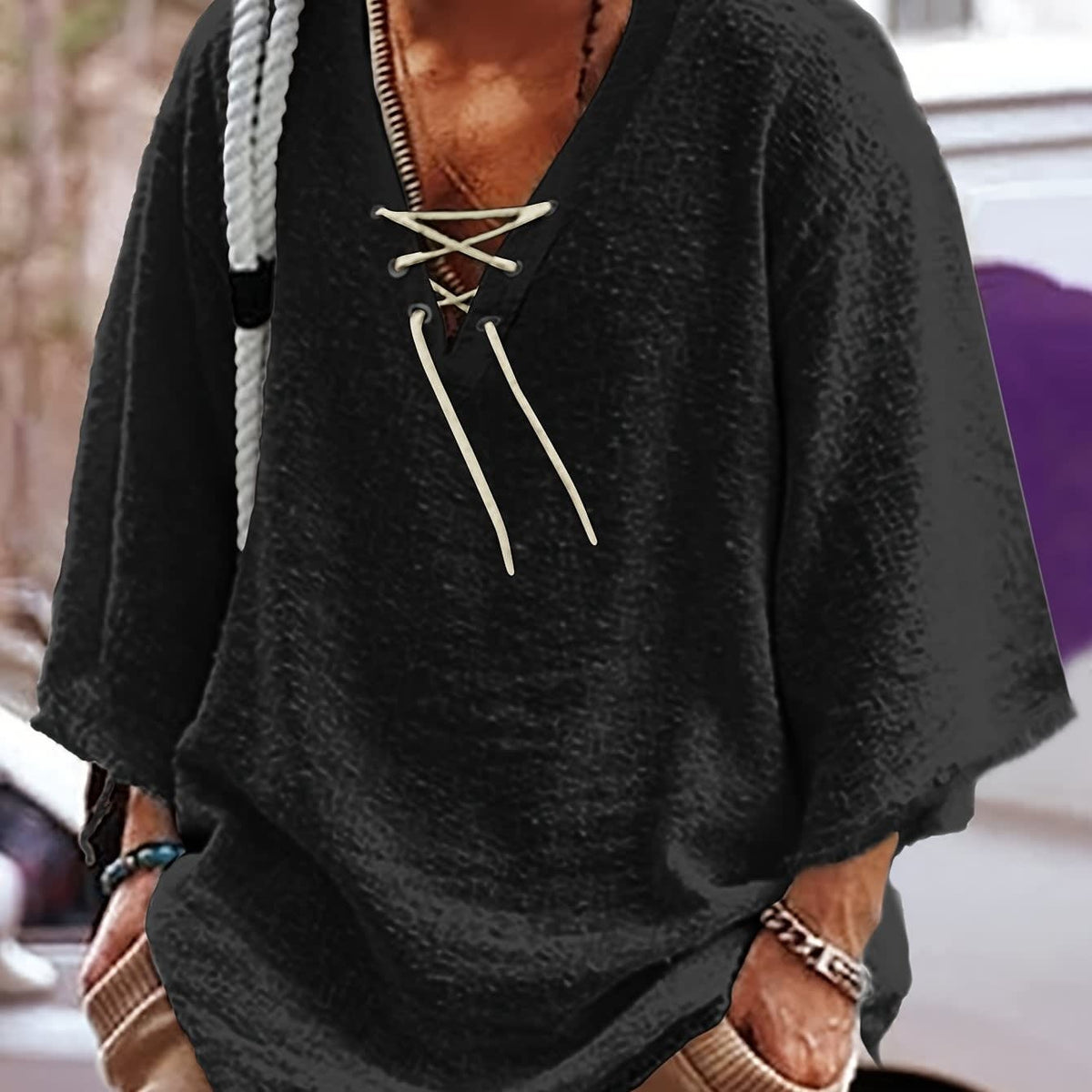 Norris Lace Up V Neck Beach Shirt_12