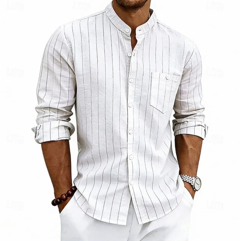 Sylvan Striped Band Collar Long Sleeve Shirt_4