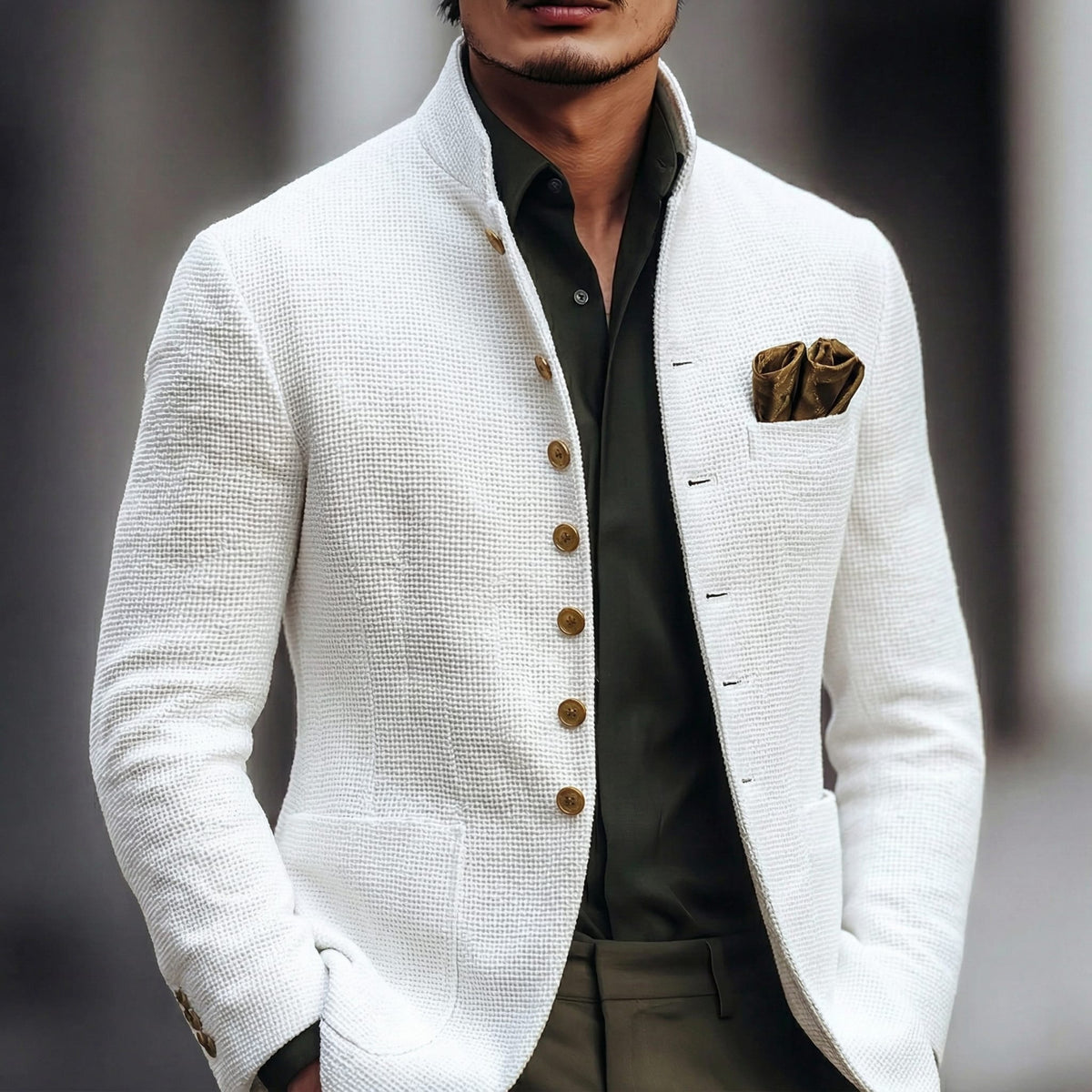 Declan Textured Weave Stand Collar Blazer