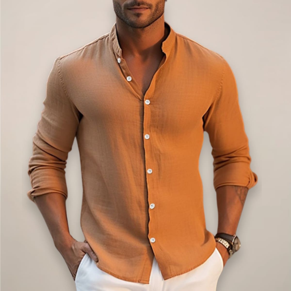 Marshall Linen Band Collar Long Sleeve Shirt_2