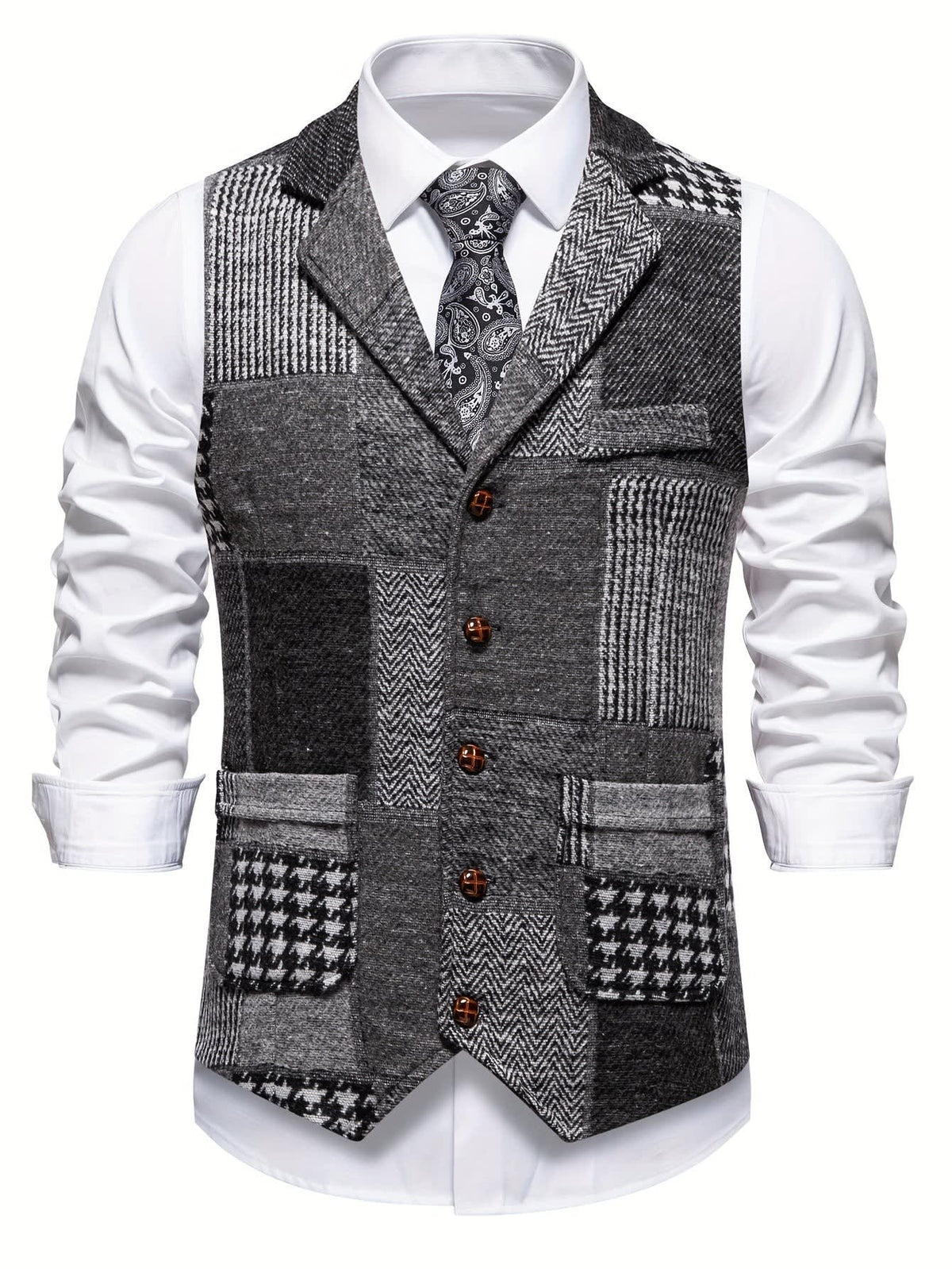 Langston Patchwork Herringbone Lapel Waistcoat