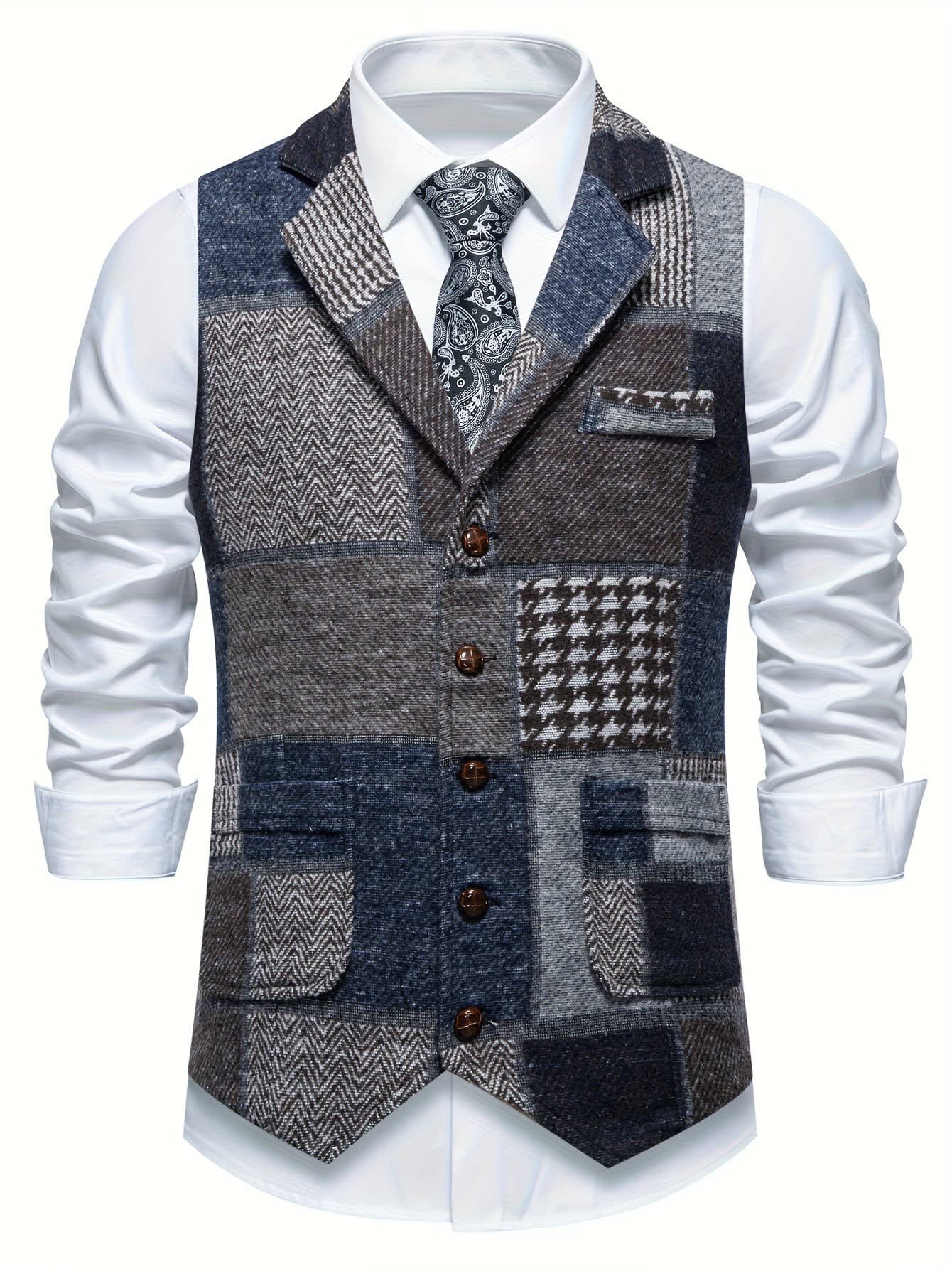 Langston Patchwork Herringbone Lapel Waistcoat_3