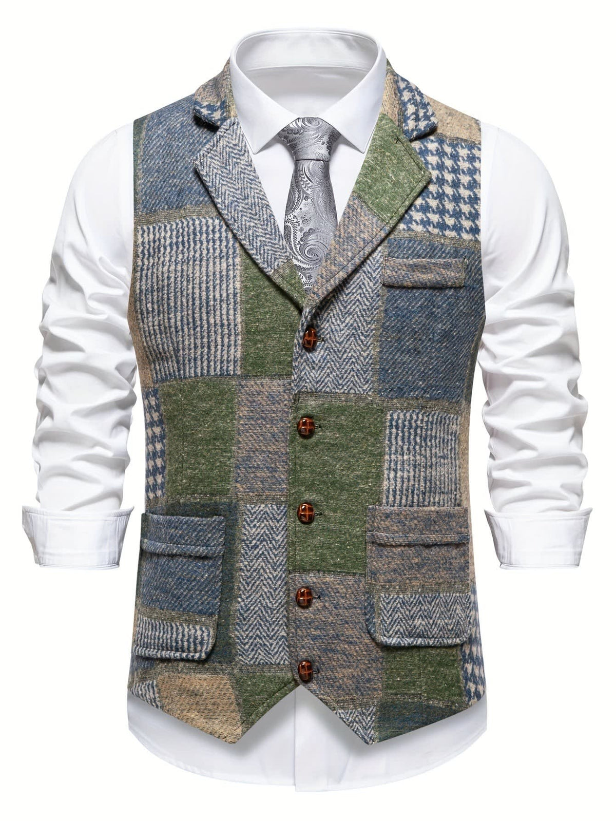 Langston Patchwork Herringbone Lapel Waistcoat