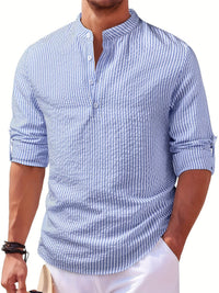 Noel Striped Band Collar Popover Shirt