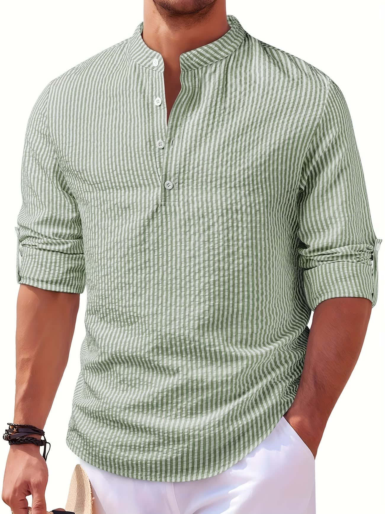 Noel Striped Band Collar Popover Shirt_2