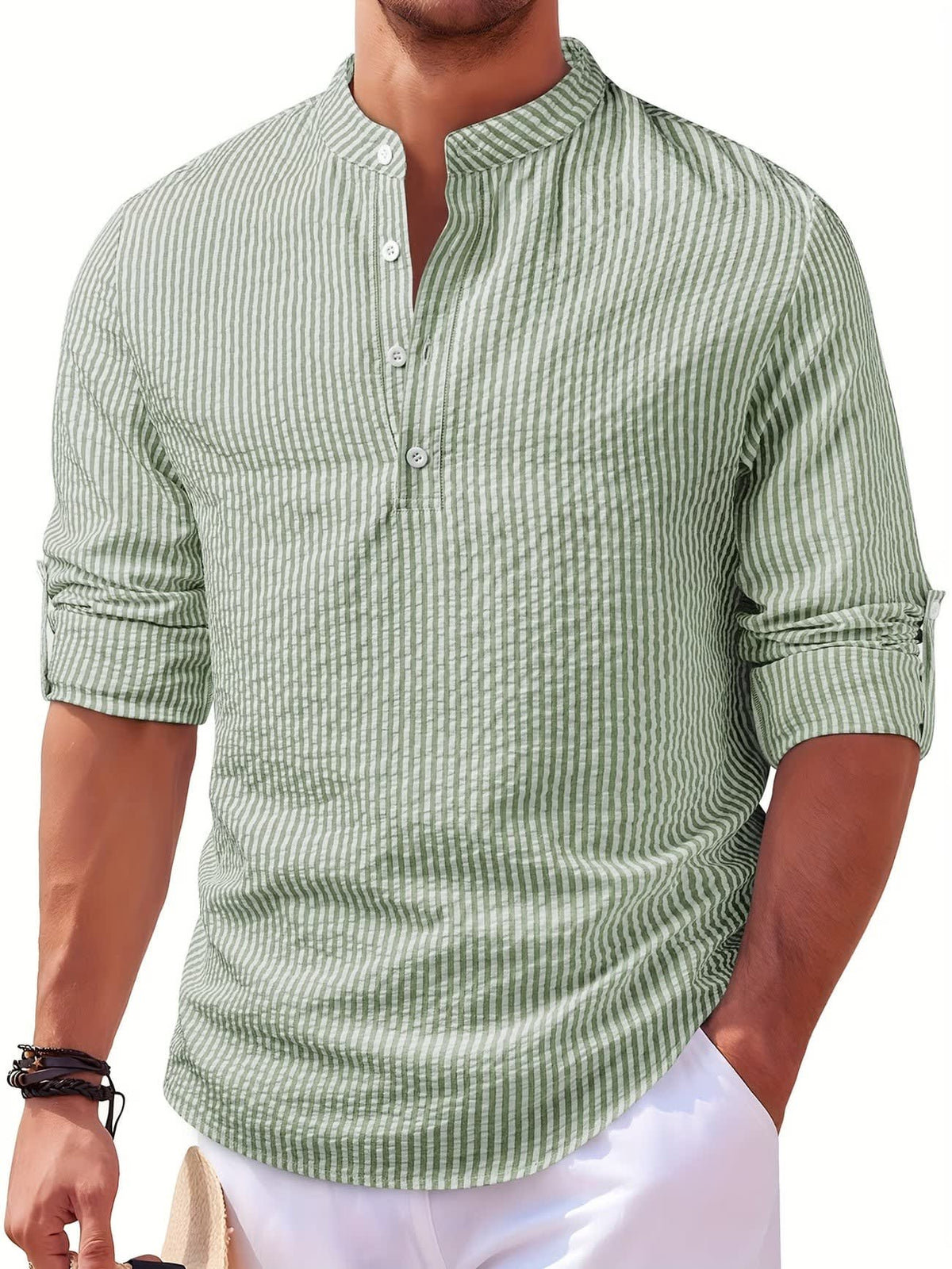 Noel Striped Band Collar Popover Shirt