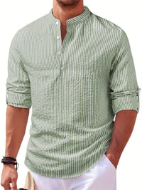 Noel Striped Band Collar Popover Shirt
