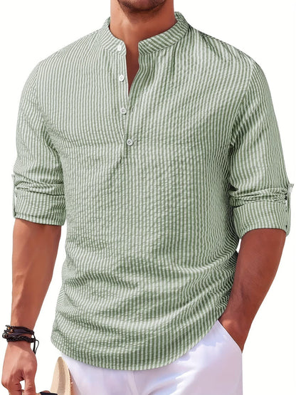 Noel Striped Band Collar Popover Shirt_2