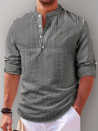 Noel Striped Band Collar Popover Shirt