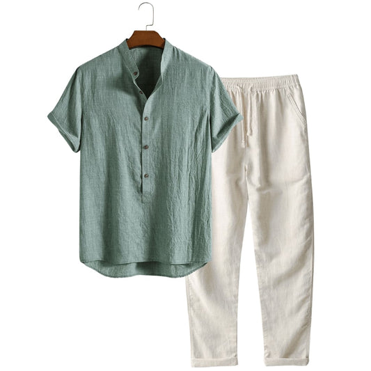 Galen Grandad Collar Linen Blend Two Piece Set_1