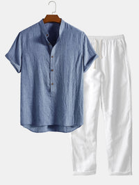 Galen Grandad Collar Linen Blend Two Piece Set