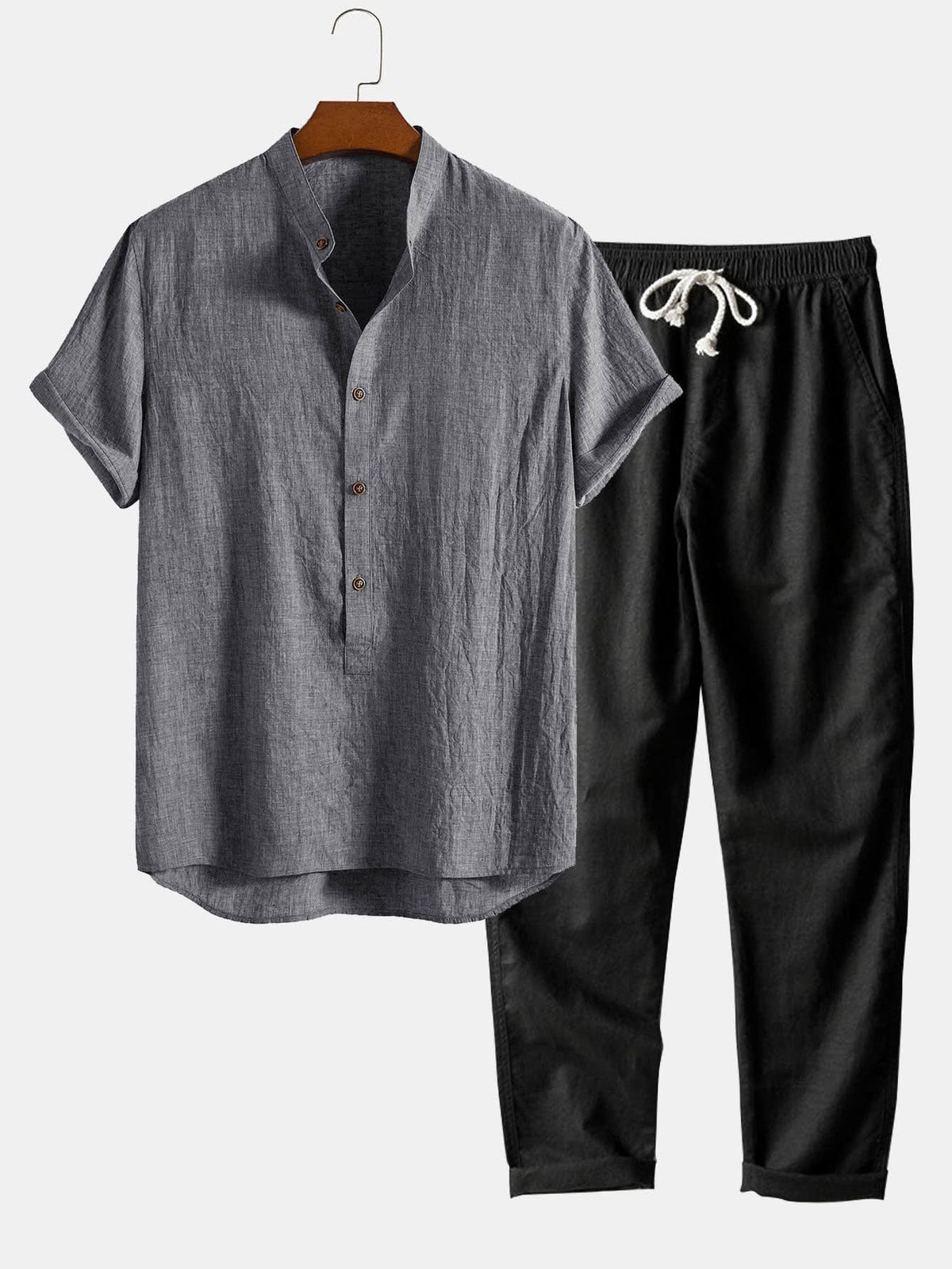 Galen Grandad Collar Linen Blend Two Piece Set