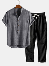 Galen Grandad Collar Linen Blend Two Piece Set