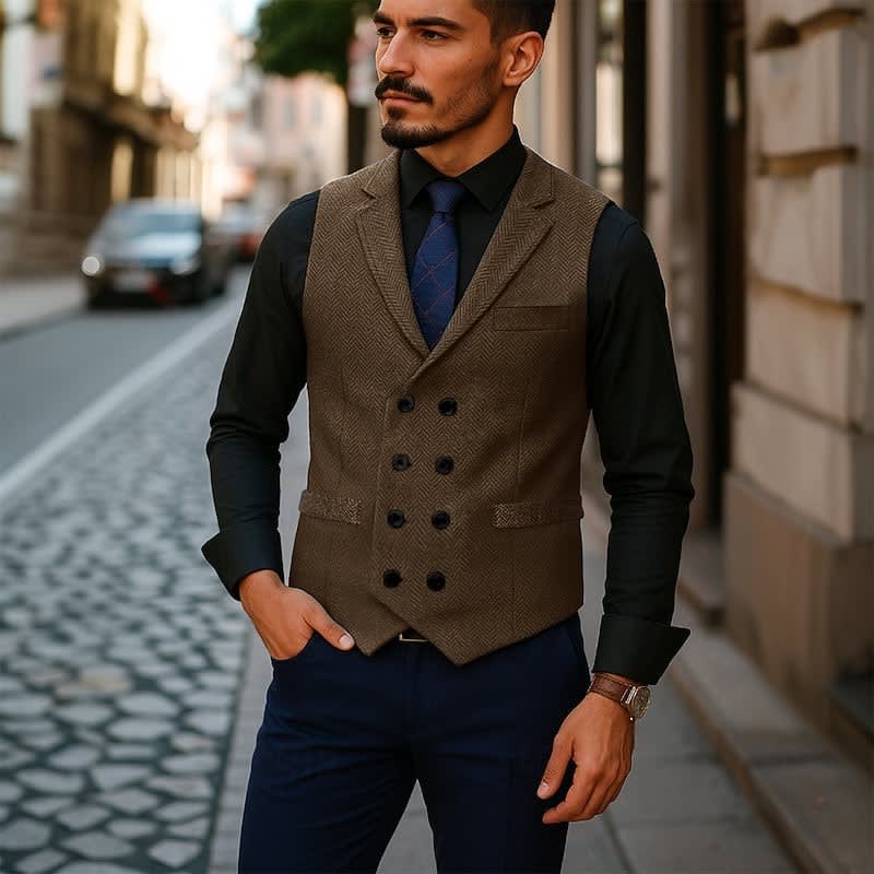 Denton Herringbone Tweed Double Breasted Waistcoat