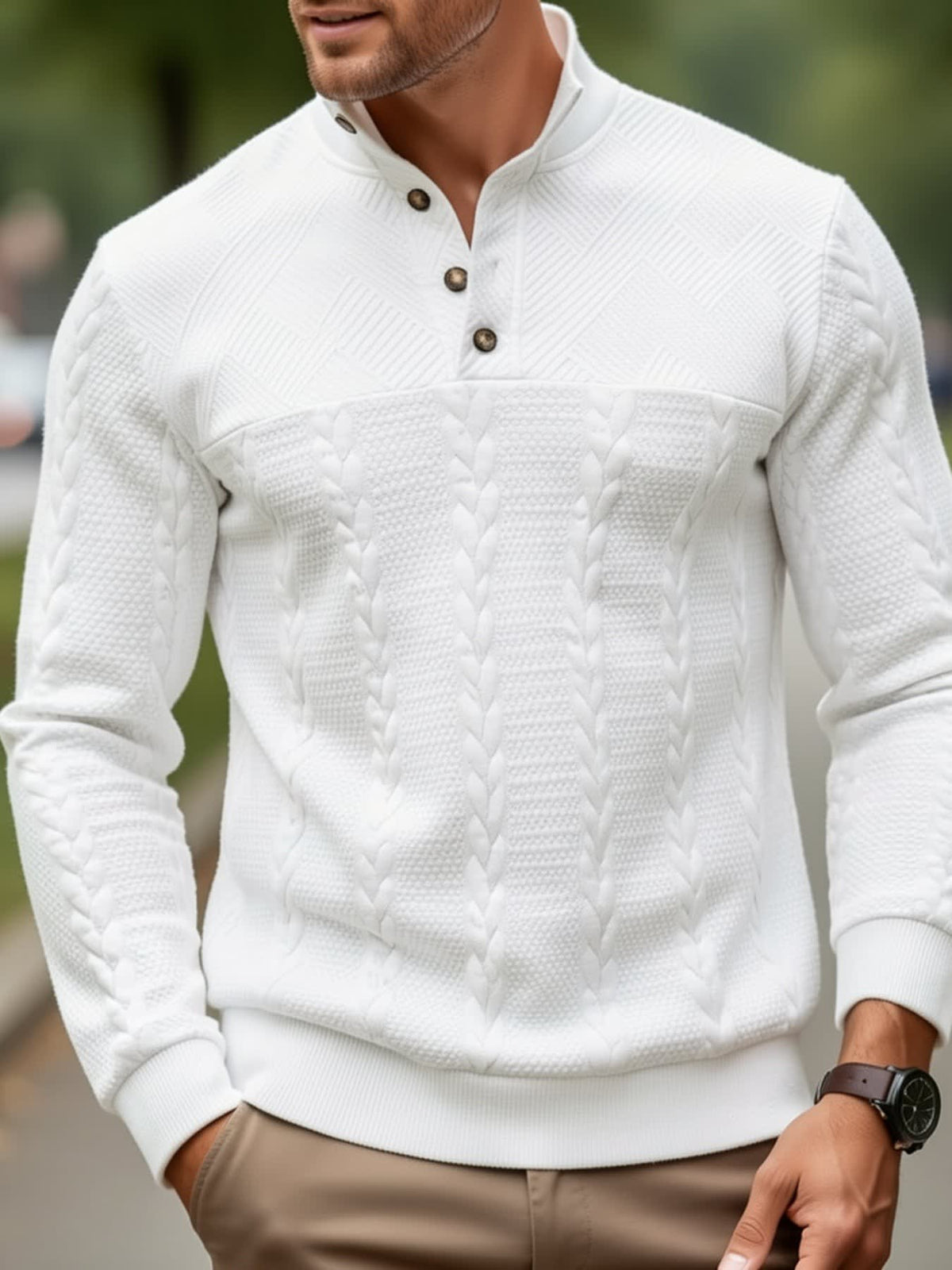 Joaquin Cable Knit Button Neck Pullover