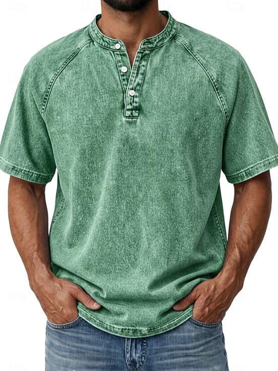 Isaiah Washed Cotton Short Sleeve Henley Shirt