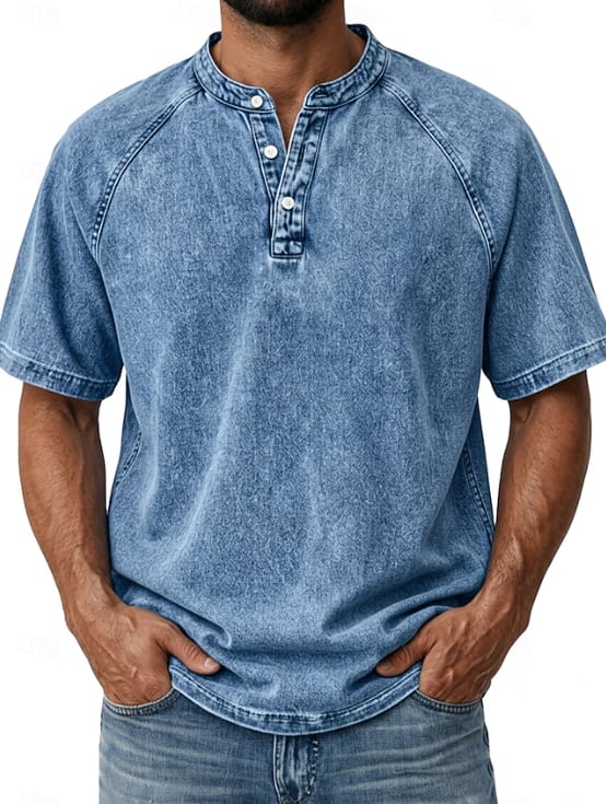 Isaiah Washed Cotton Short Sleeve Henley Shirt