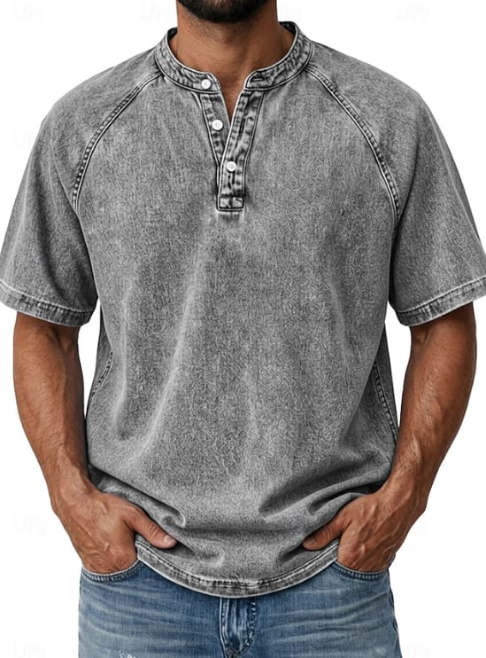 Isaiah Washed Cotton Short Sleeve Henley Shirt