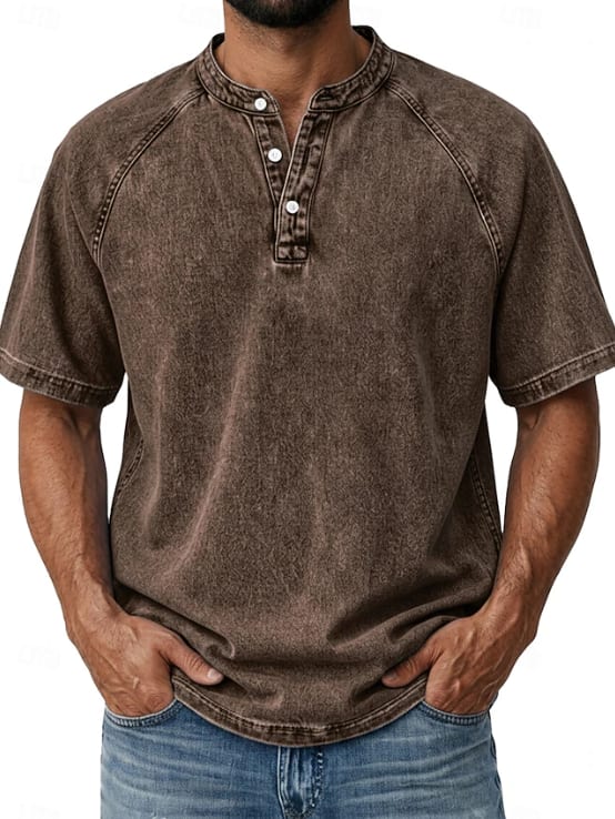 Isaiah Washed Cotton Short Sleeve Henley Shirt