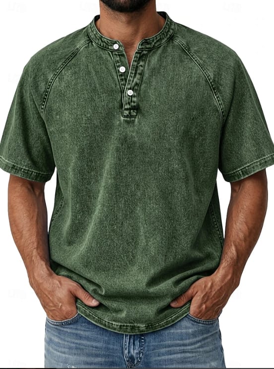 Isaiah Washed Cotton Short Sleeve Henley Shirt