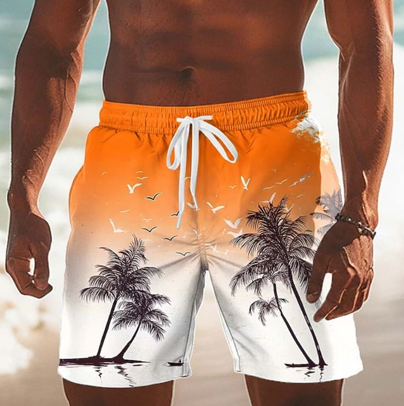Jeremy Palm Print Drawstring Beach Shorts