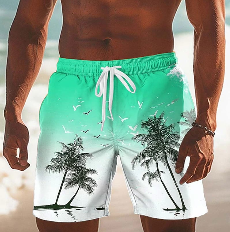 Jeremy Palm Print Drawstring Beach Shorts