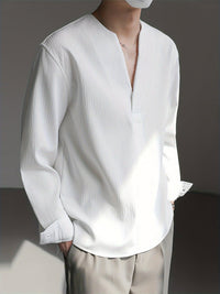 Malachi Textured Collarless V Neck Shirt