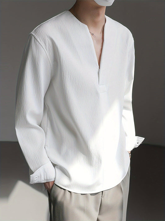 Malachi Textured Collarless V Neck Shirt_1