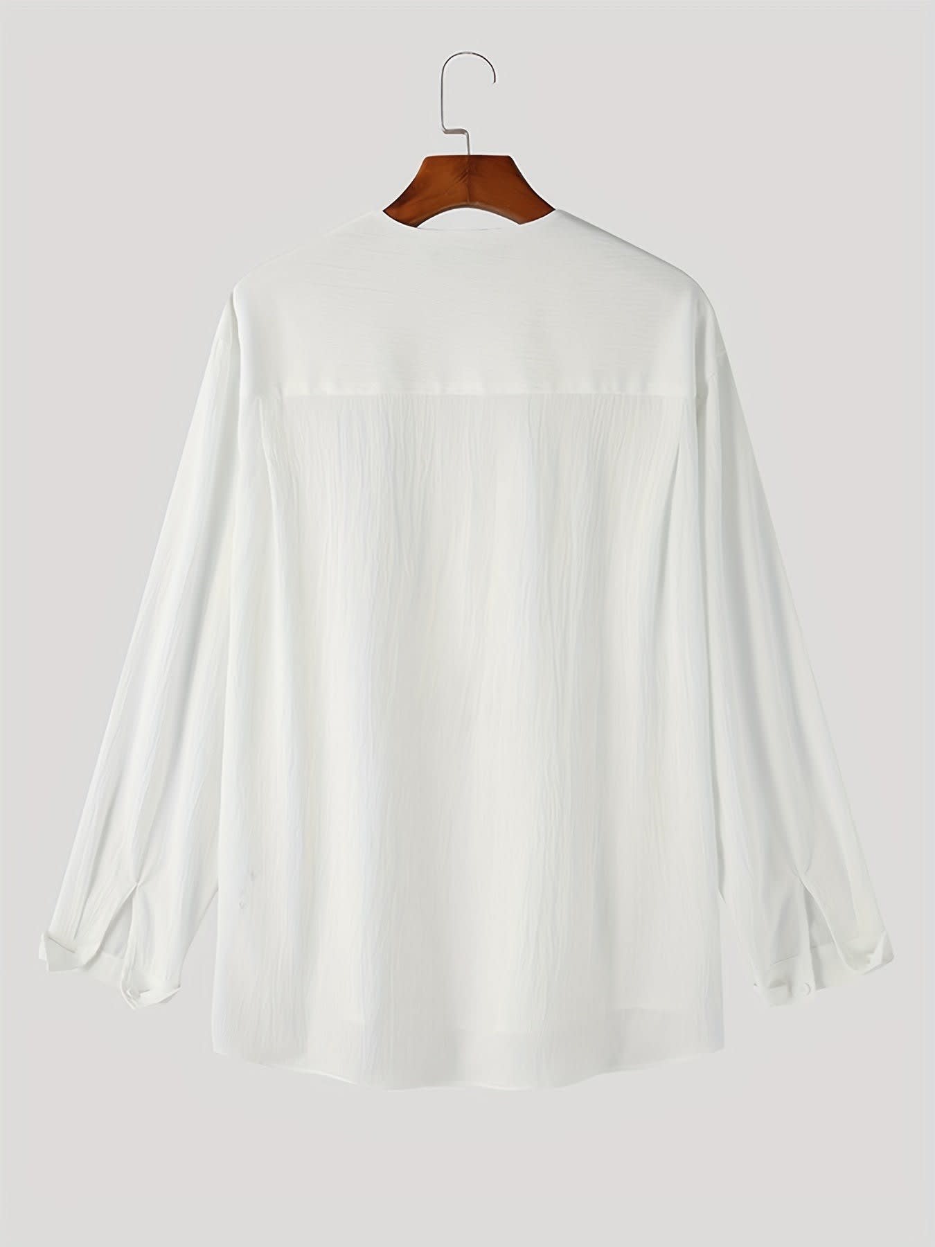 Malachi Textured Collarless V Neck Shirt_10