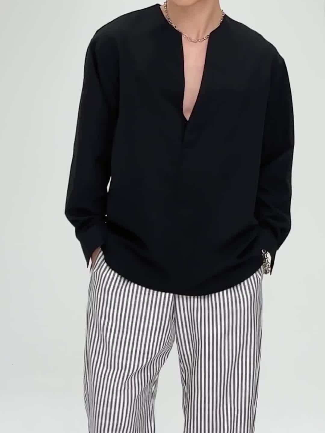 Malachi Textured Collarless V Neck Shirt