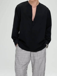 Malachi Textured Collarless V Neck Shirt