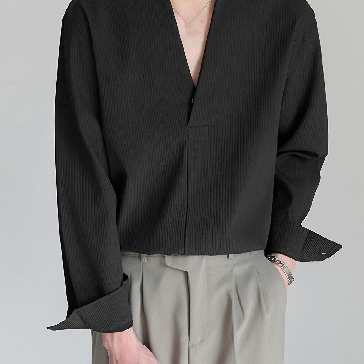 Malachi Textured Collarless V Neck Shirt
