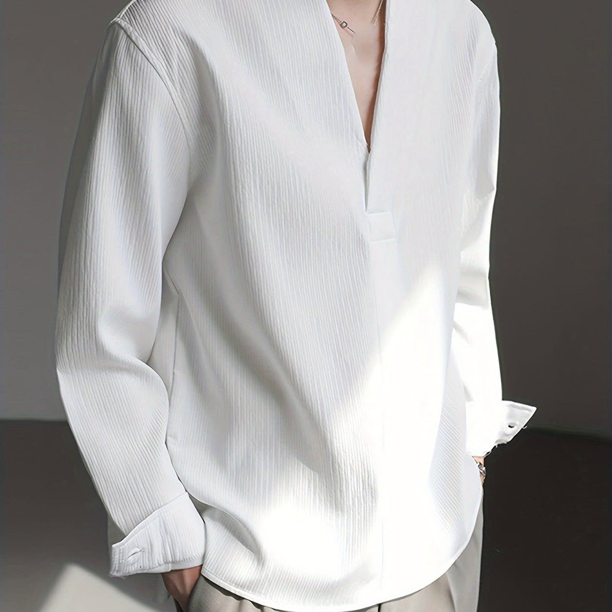 Malachi Textured Collarless V Neck Shirt