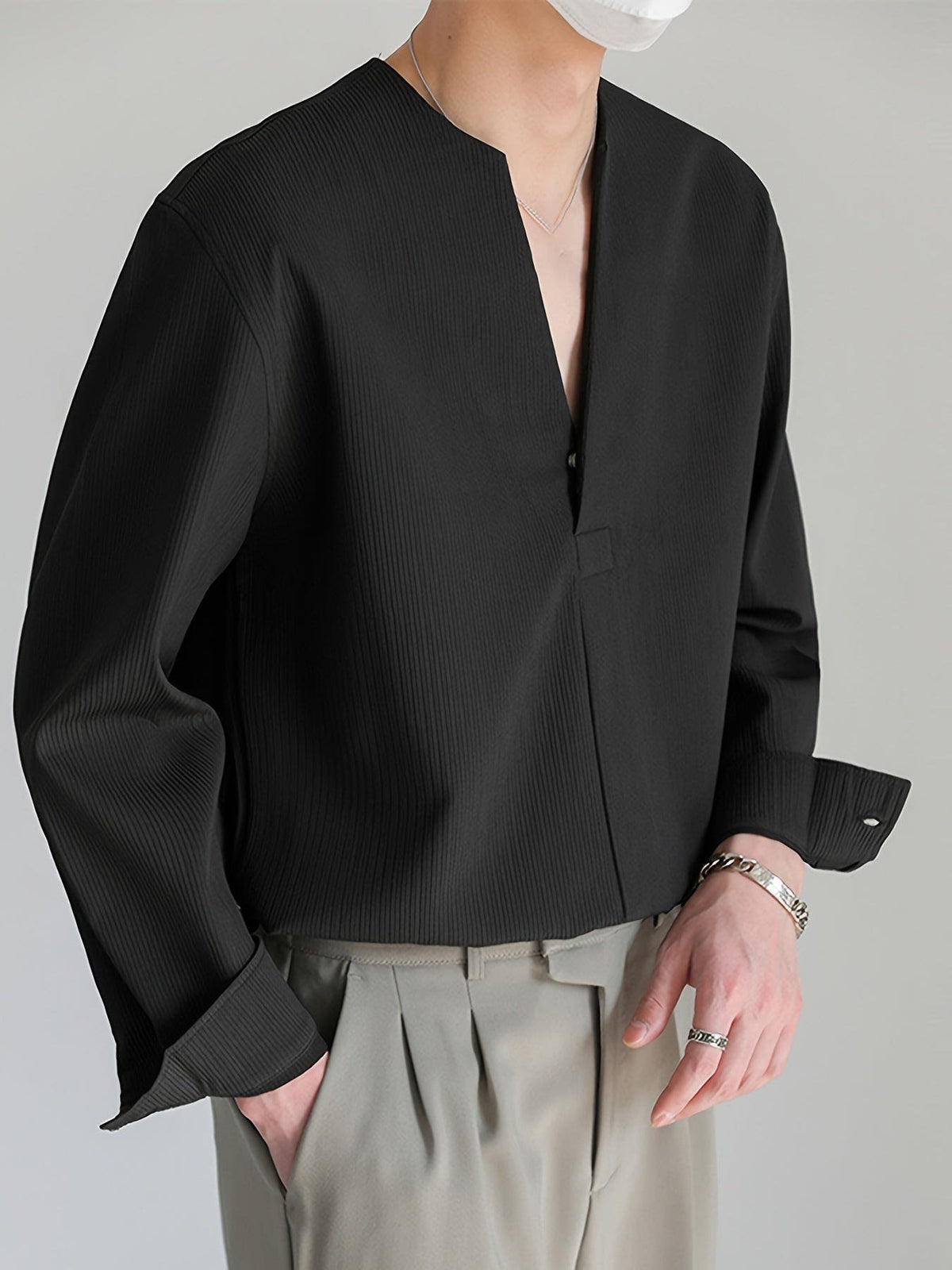 Malachi Textured Collarless V Neck Shirt
