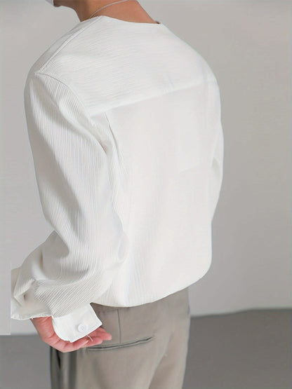 Malachi Textured Collarless V Neck Shirt_4