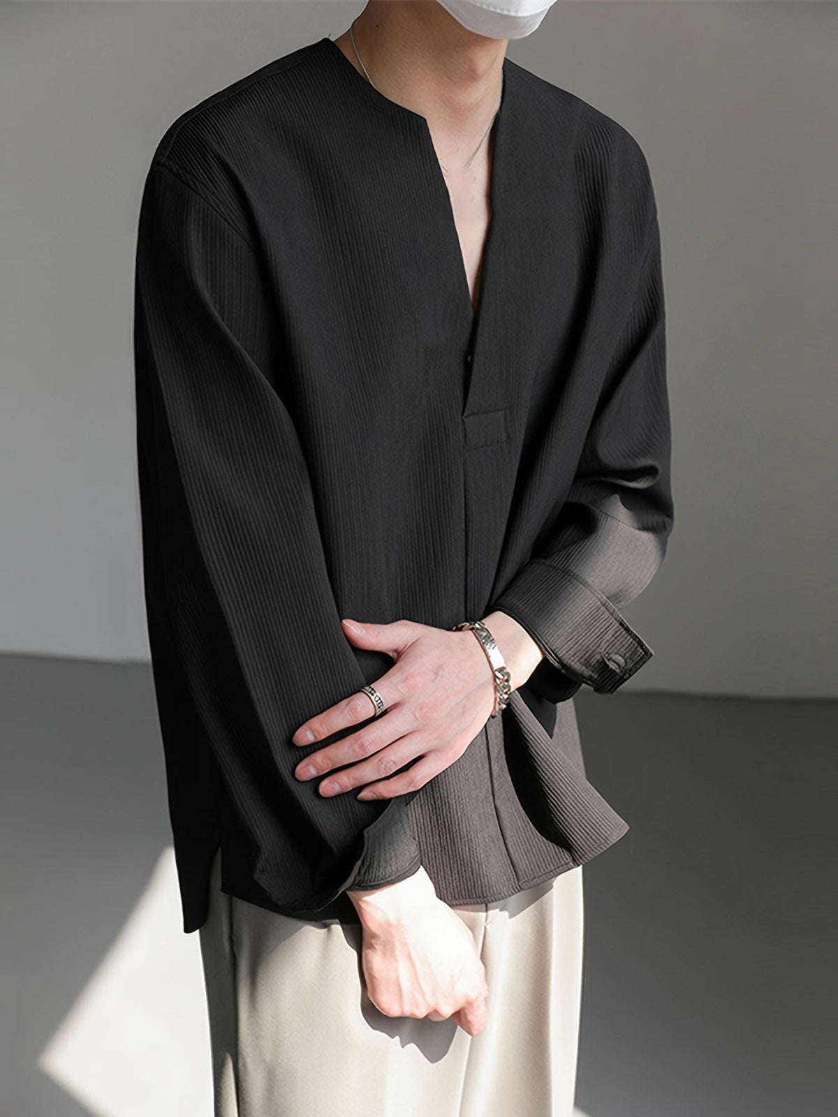 Malachi Textured Collarless V Neck Shirt