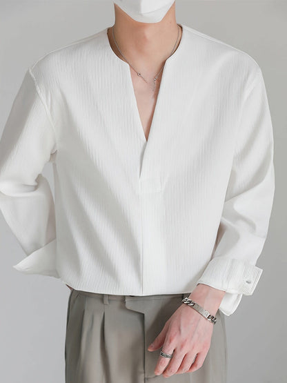 Malachi Textured Collarless V Neck Shirt_6