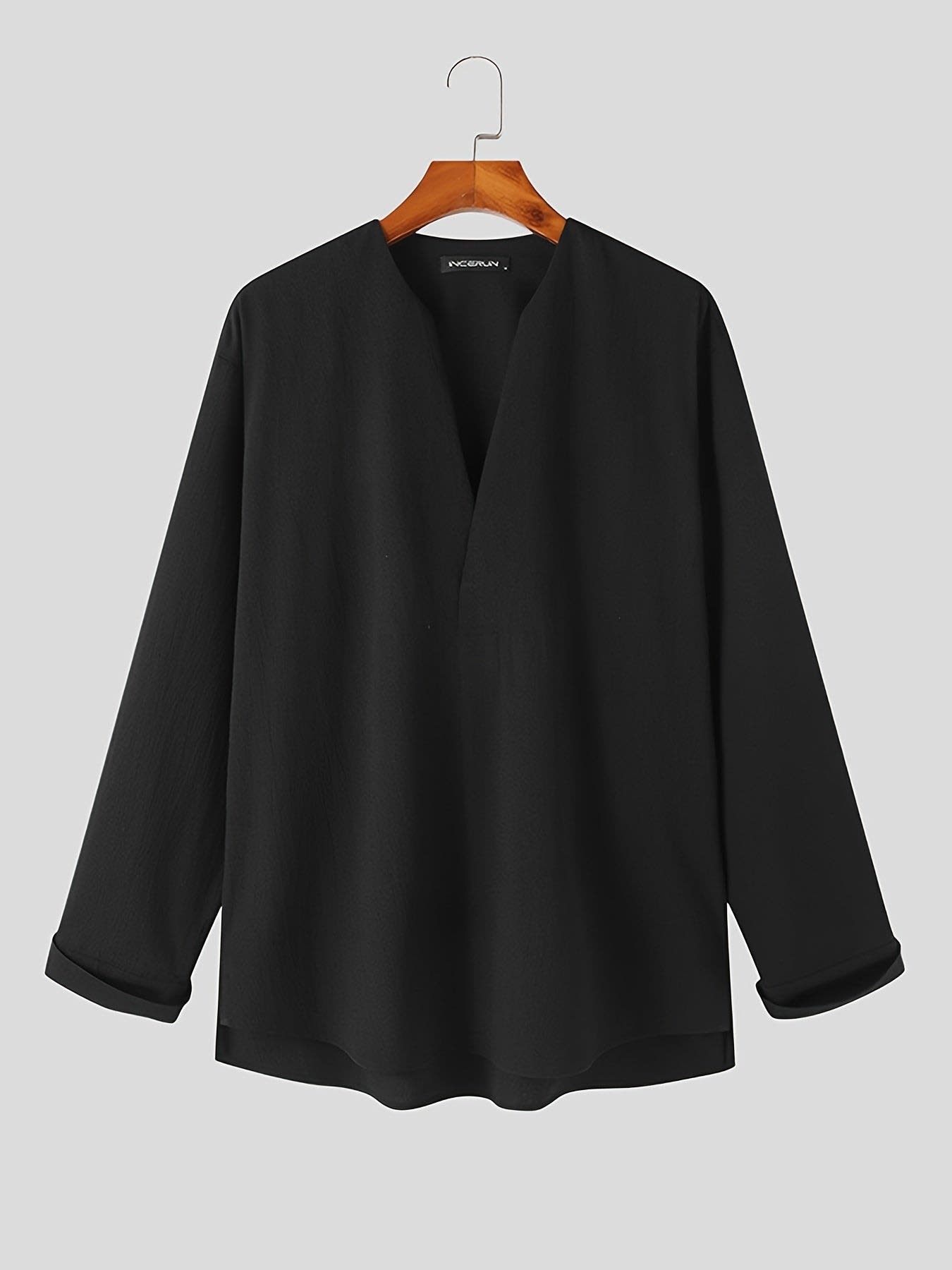 Malachi Textured Collarless V Neck Shirt_7