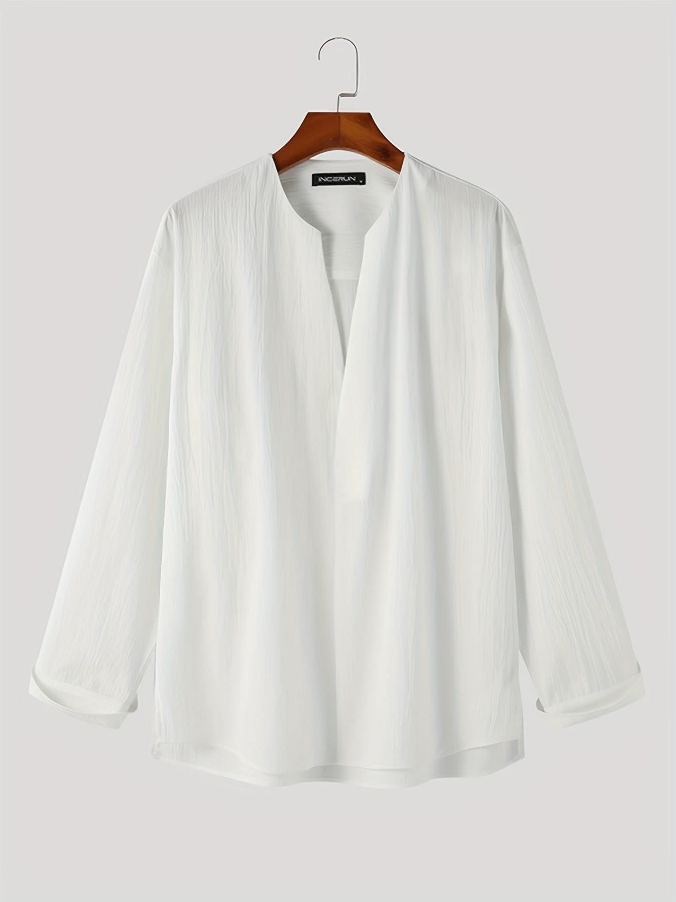 Malachi Textured Collarless V Neck Shirt_8