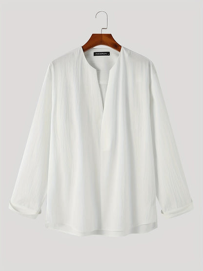 Malachi Textured Collarless V Neck Shirt_8