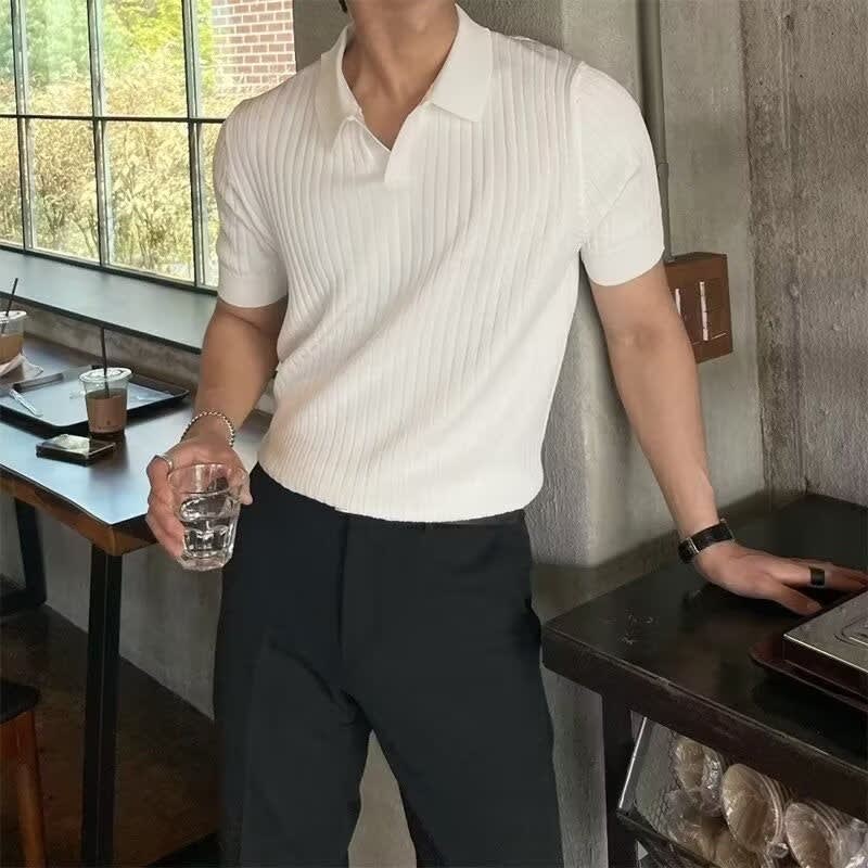 Grayson Ribbed Collared V Neck Polo_2