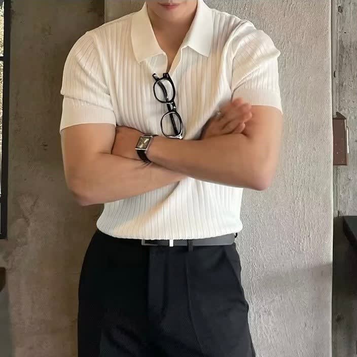 Grayson Ribbed Collared V Neck Polo_4