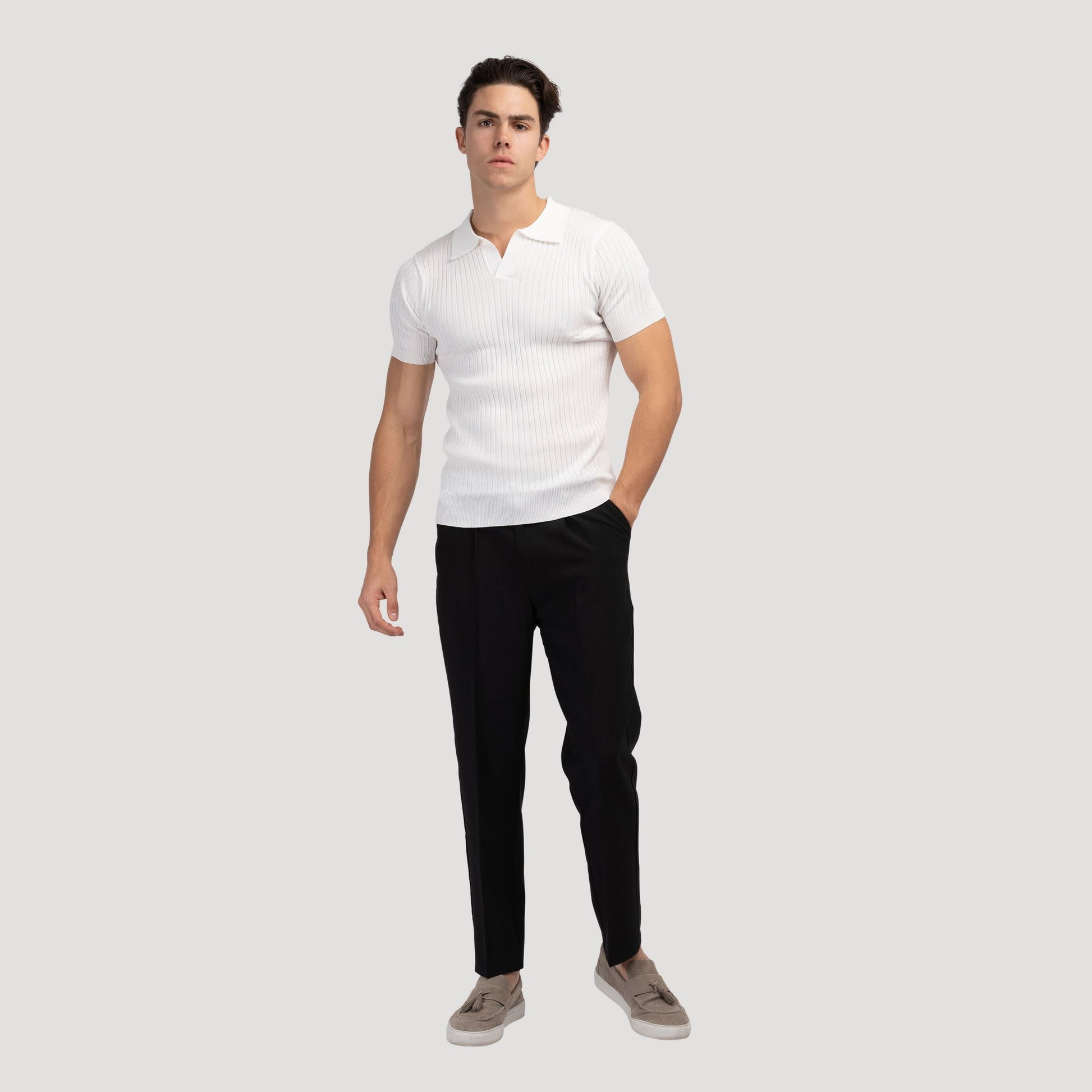 Grayson Ribbed Collared V Neck Polo_8