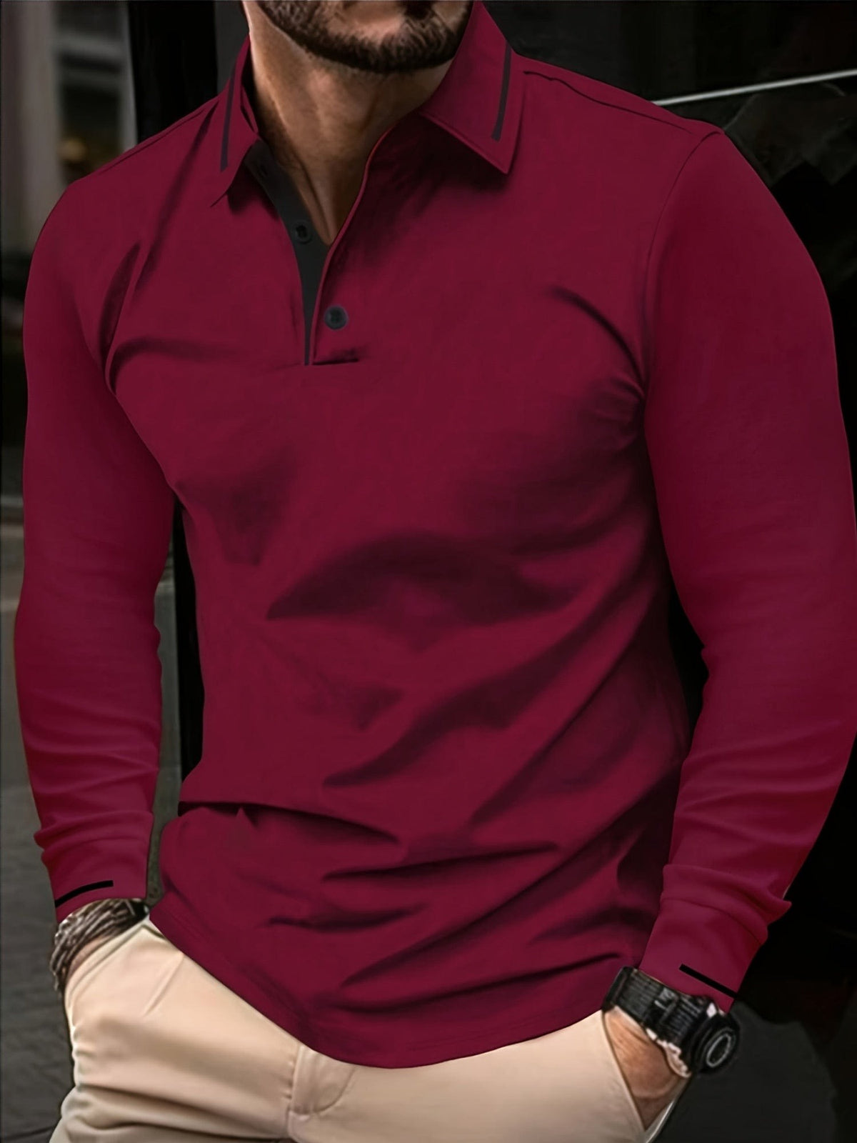 Hanson Contrast Placket Long Sleeve Polo