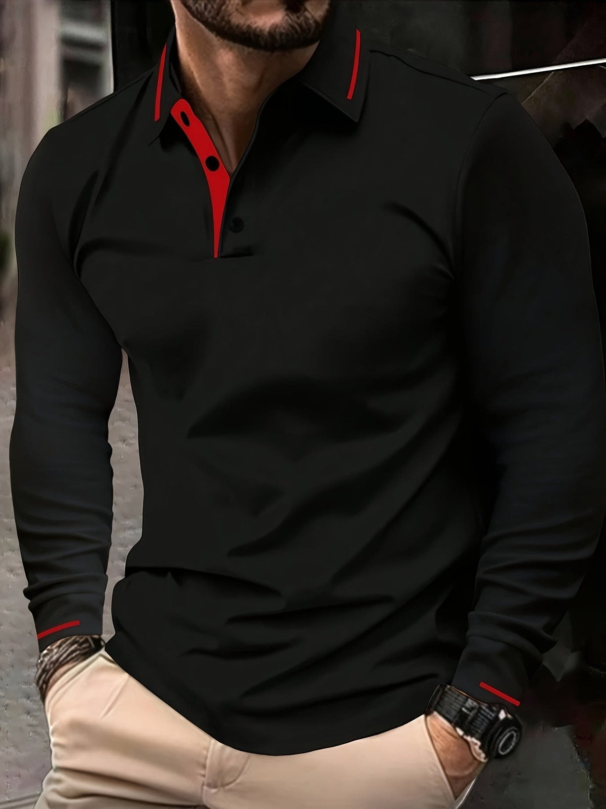 Hanson Contrast Placket Long Sleeve Polo