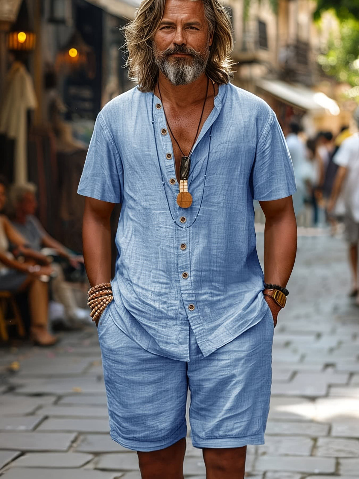 Lysander Band Collar Shirt and Shorts Set