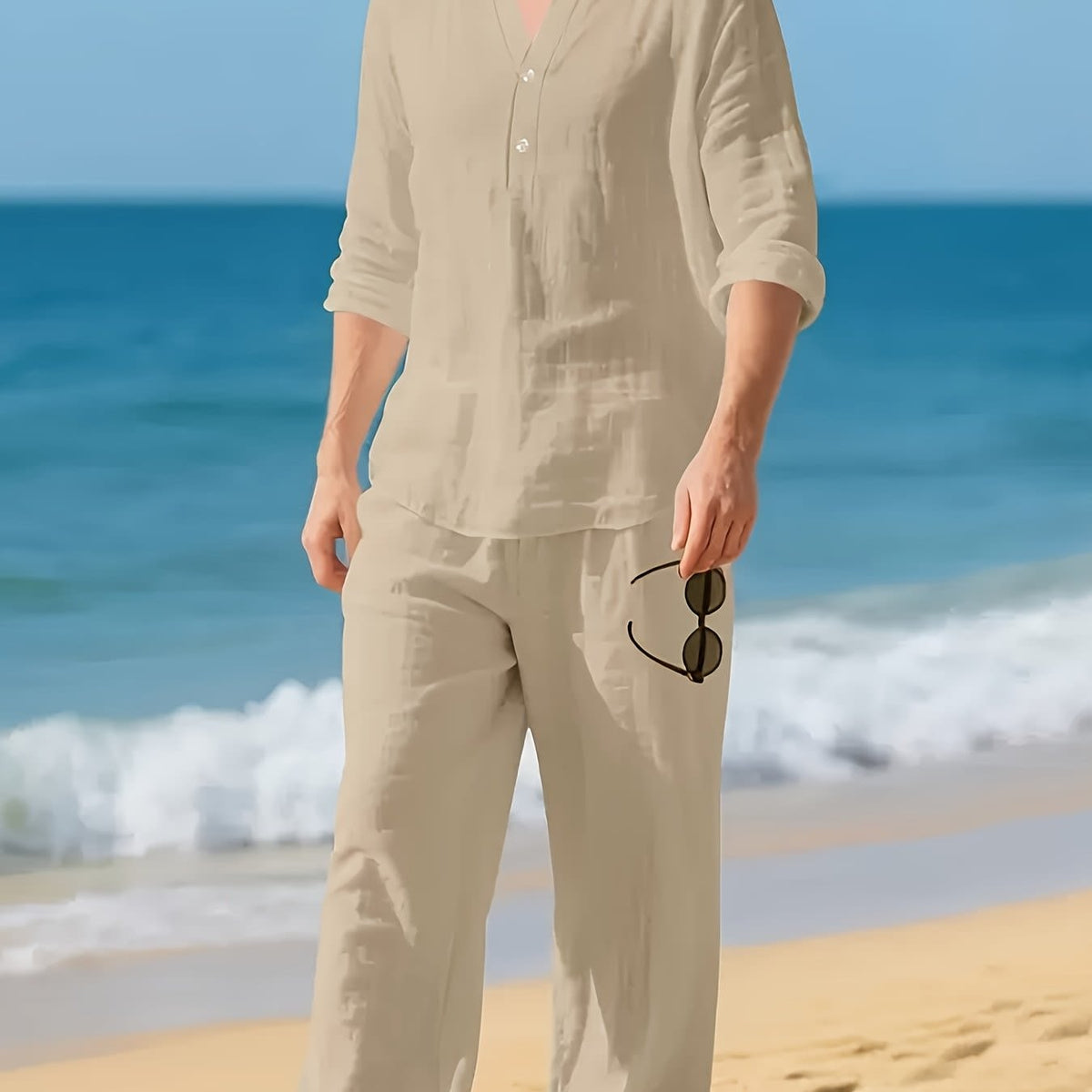 Maddock Band Collar Henley and Trousers Set