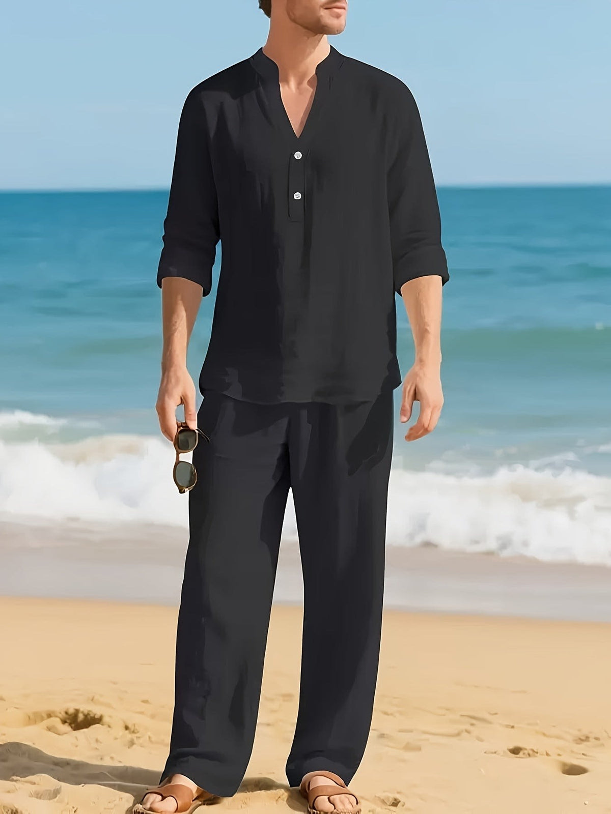 Maddock Band Collar Henley and Trousers Set