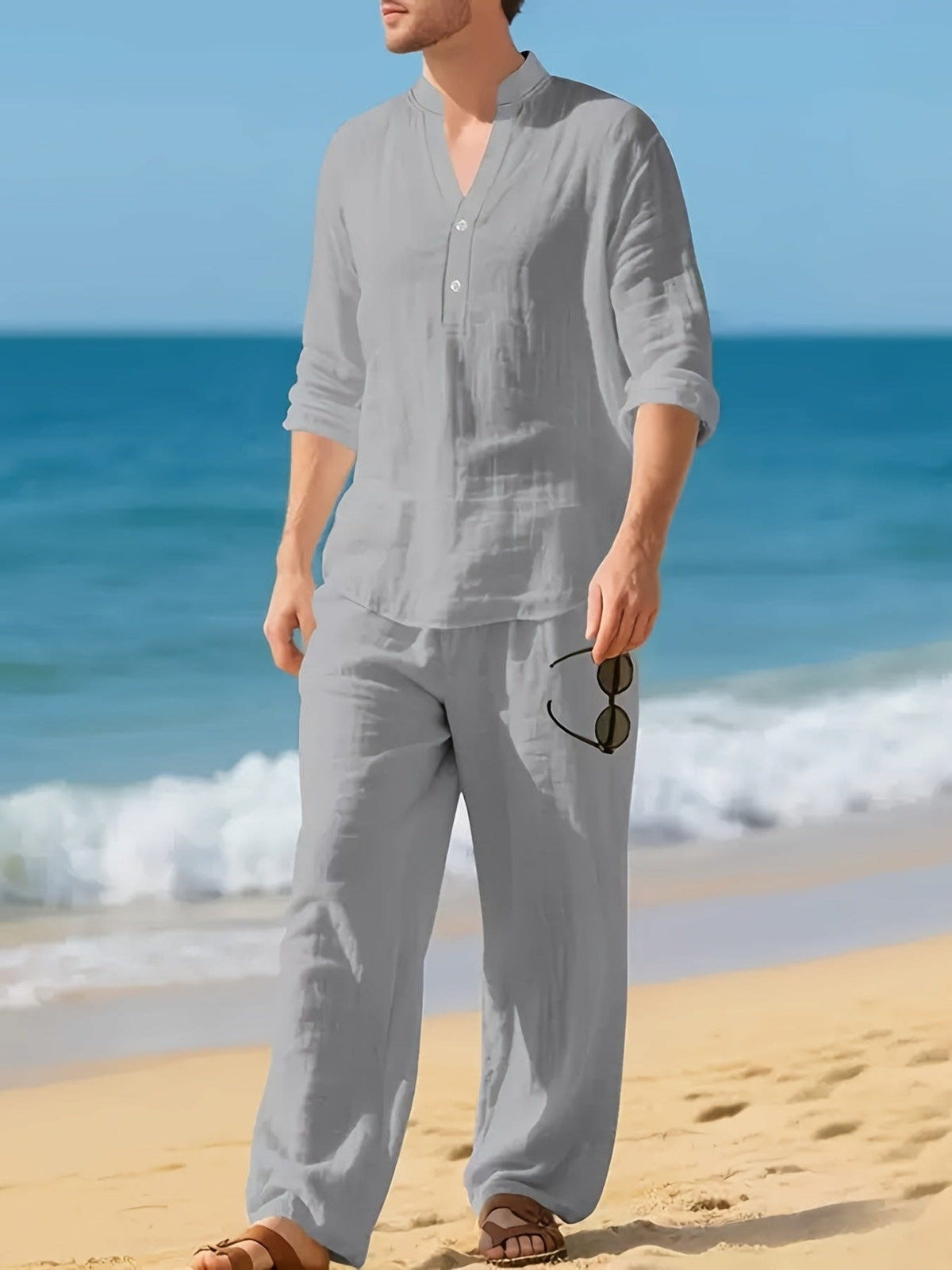 Maddock Band Collar Henley and Trousers Set